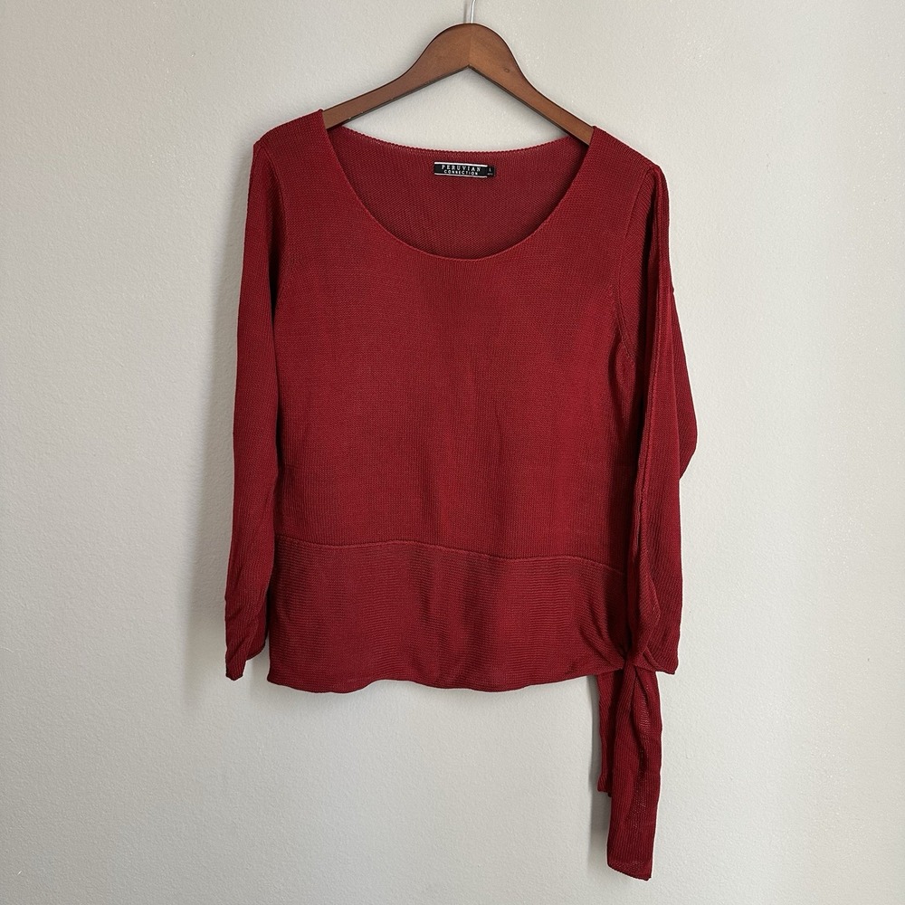 Peruvian Connection Red Pima Cotton Sweater Scoop Neck Tie Sleeve Boho Artsy L